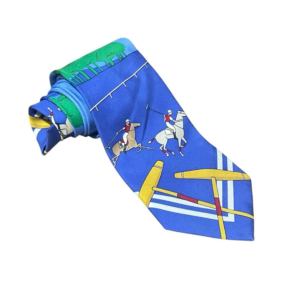 VTG Polo Ralph Lauren Neck Tie Mens Blue Equestrian Mallet Sport Silk Italy RARE